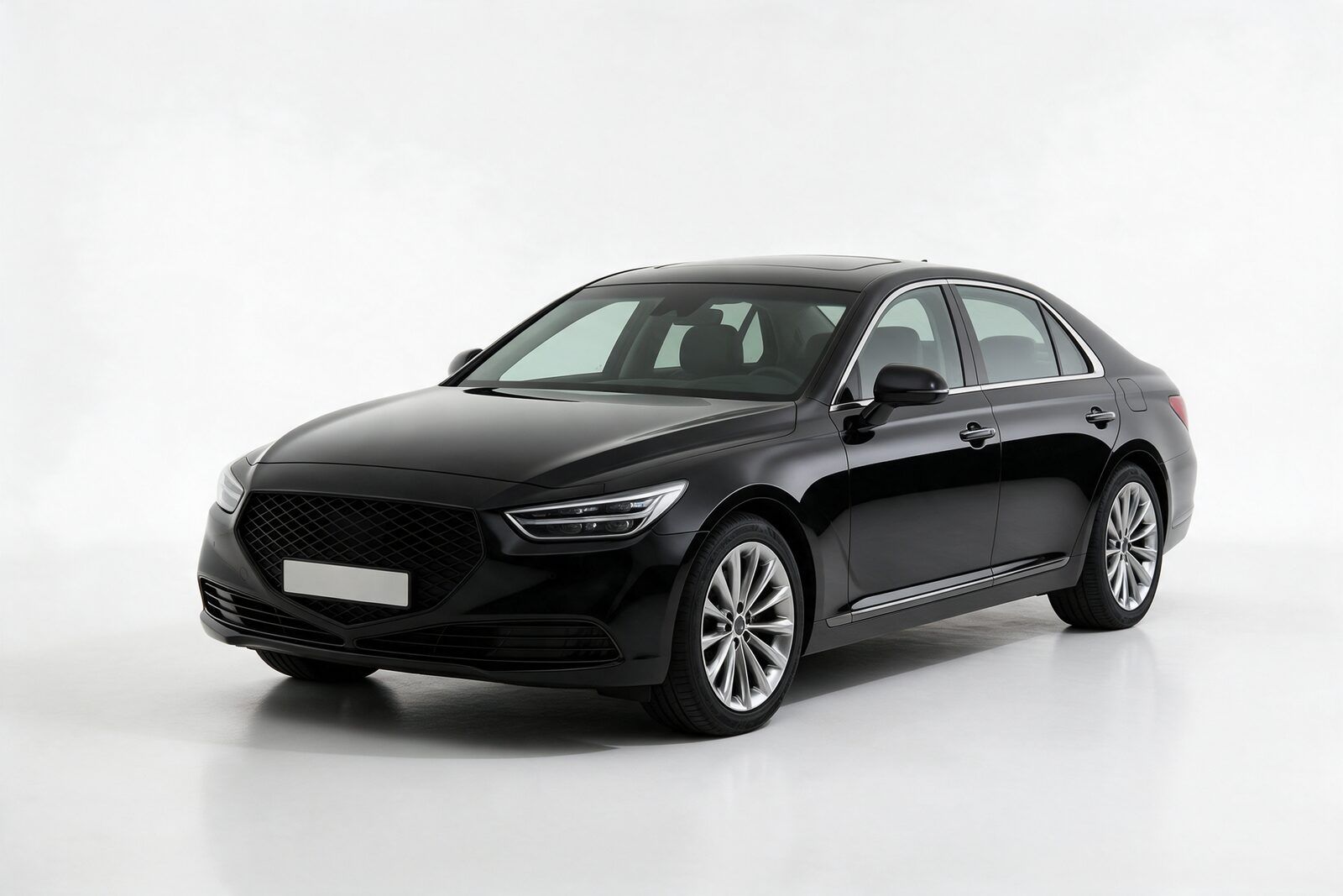 Siyah premium sedan, önden çapraz görünüm, beyaz stüdyo